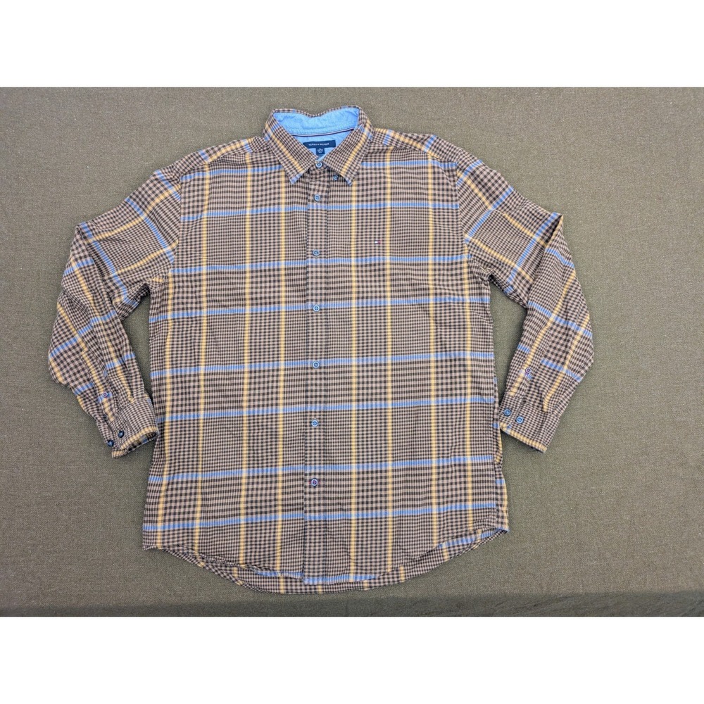 Vtg Tommy Hilfiger Shirt Plaid Button Down Classic Fit Brown Yellow Blue Men Xl‎